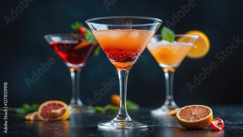 Wallpaper Mural Colorful cocktails in elegant glasses with citrus garnishes on dark background Torontodigital.ca