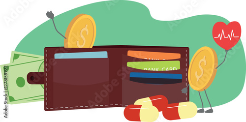 Money for health care, paid medicine. Vector illustration payment for medicines, life and health insurance