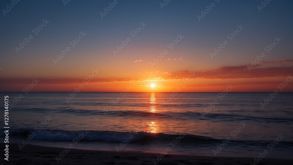 Sunset over calm sea with reflections on water surface and sandy beach in foreground under clear evening sky Sunset over calm sea with reflections on water surface and sandy beach in foreground under clear evening sky