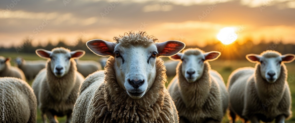 Herd of sheep in a grassy field during sunset with warm lighting illuminating their woolly coats and focused expressions Herd of sheep in a grassy field during sunset with warm lighting illuminating their woolly coats and focused expressions