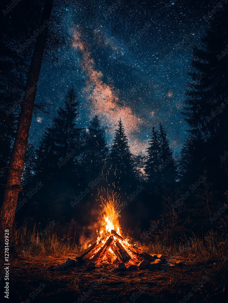 Campfire under a starry night sky in the forest Campfire under a starry night sky in the forest