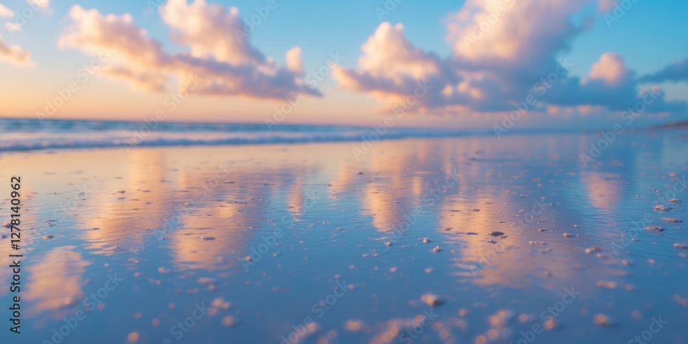 Fototapeta premium Beach landscape at sunset with colorful clouds reflected on wet sand and calm ocean waves in soft pastel tones