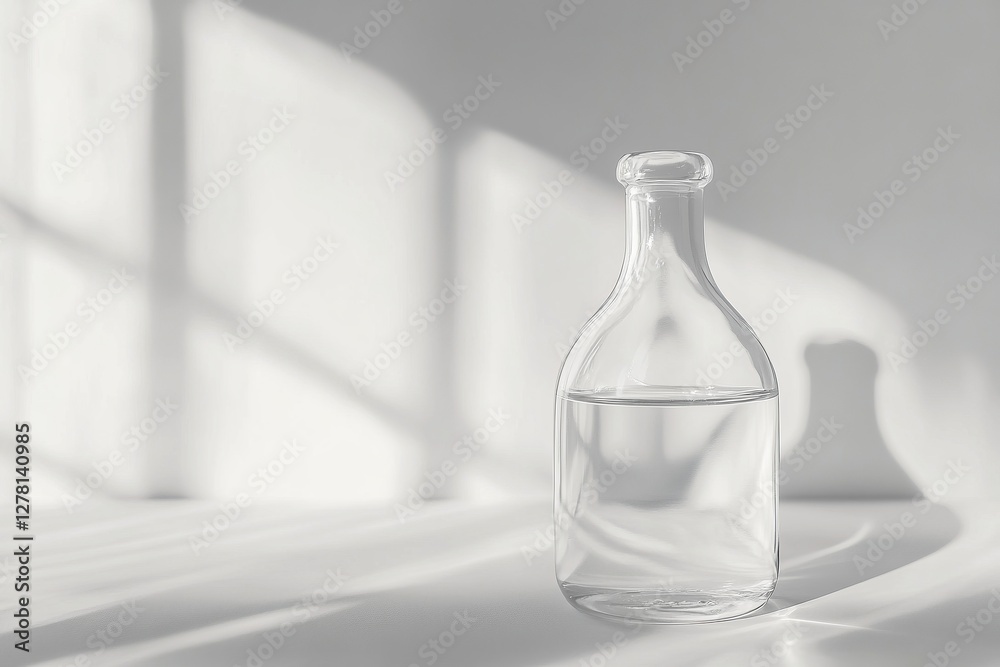 Minimalist clear glass bottle with water on sunlit surface Minimalist clear glass bottle with water on sunlit surface