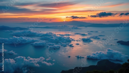 sunset over a calm ocean with clouds on the water and distant islands viewed from a high vantage point