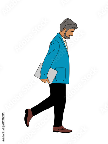 Senior business man walking side view, carrying laptop. Gray hair bearded man wearing smart casual office outfit. Male cartoon character vector colored drawing isolated