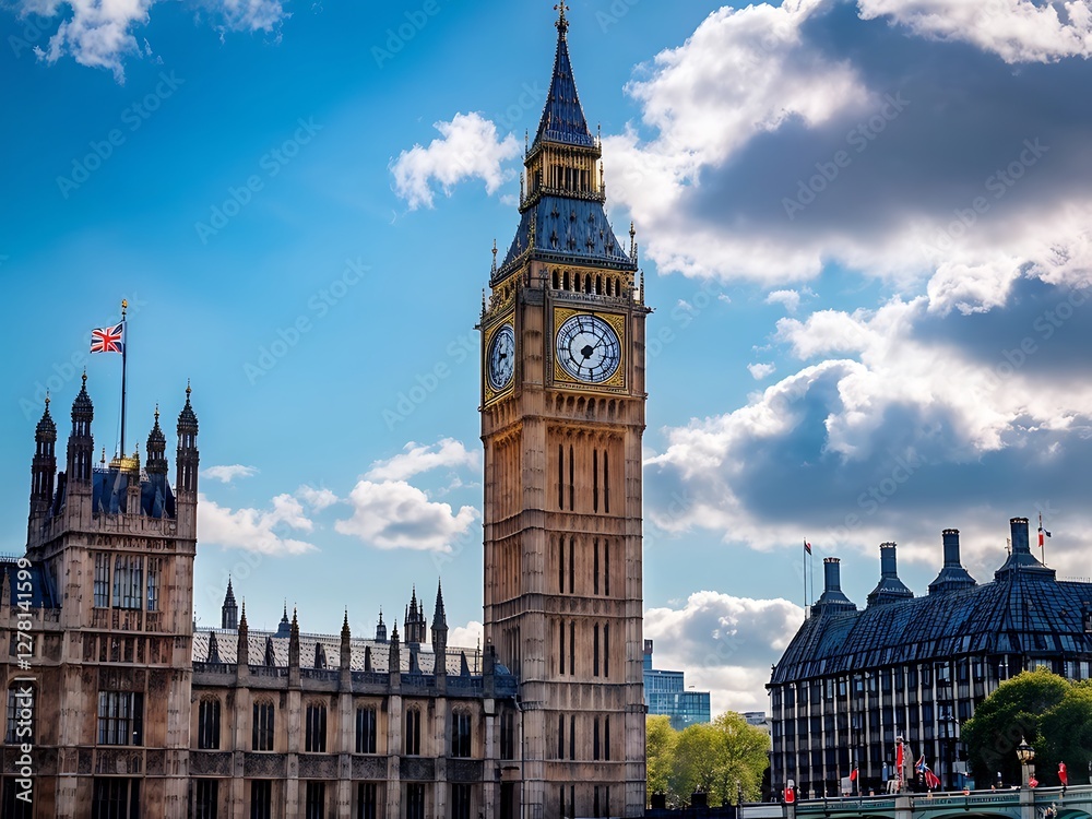 Fototapeta premium Iconic Clock Tower of Big Ben Against a Blue Sky