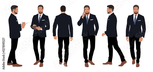 Businessman character in different poses. Handsome business man in formal suit standing, walking, using phone, front, back, side view. Vector realistic illustration set isolated