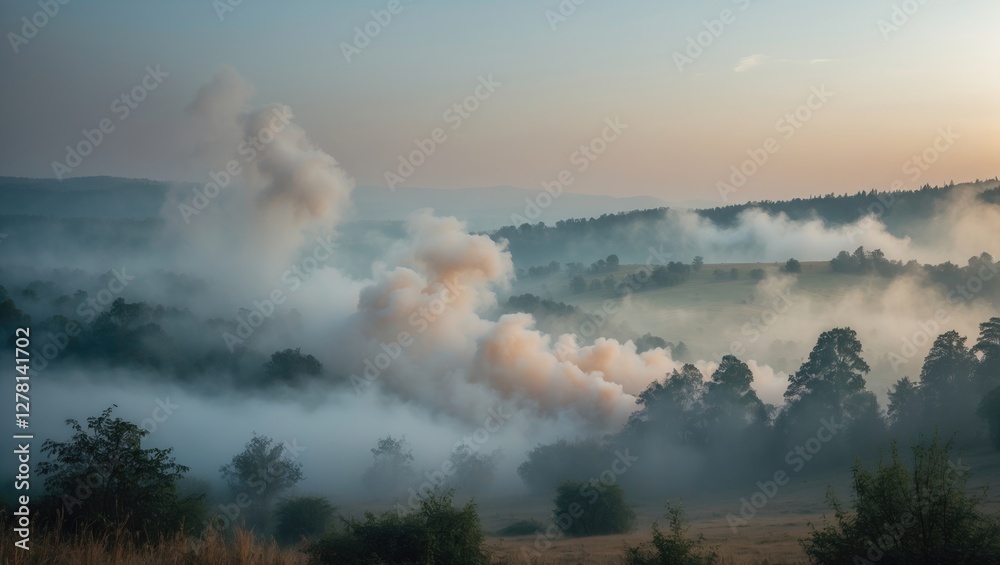 Foggy landscape with rolling hills and trees during early morning light with mist rising in the distance Foggy landscape with rolling hills and trees during early morning light with mist rising in the distance