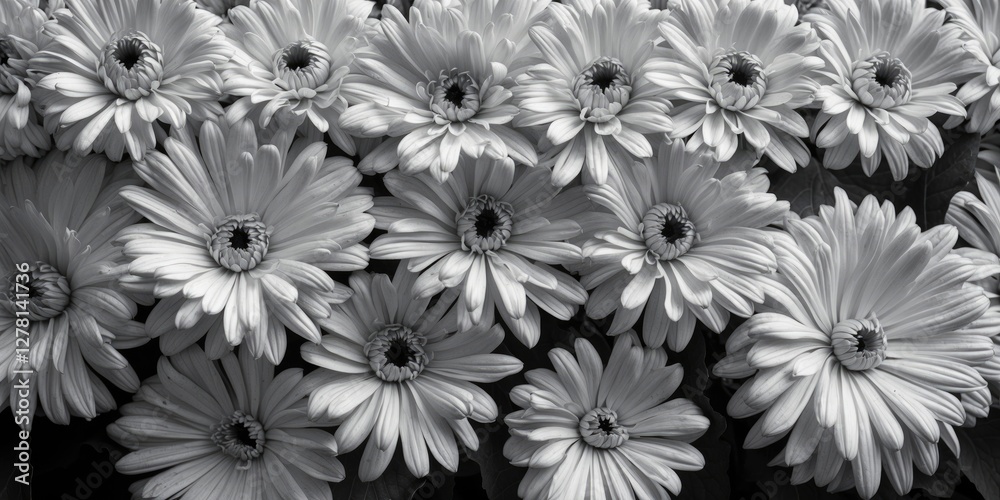 Black and white close-up of daisy flowers arranged in a dense pattern with smooth petals and contrasting centers Black and white close-up of daisy flowers arranged in a dense pattern with smooth petals and contrasting centers