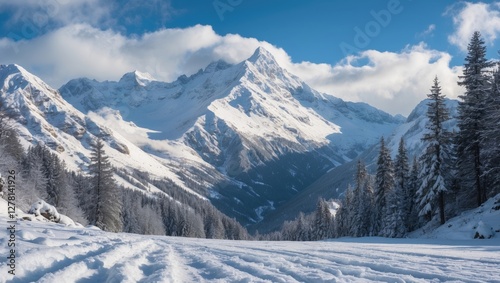 Snow-covered mountain landscape with clear blue sky and winter pine trees, showcasing a remote snow trail in the foreground.