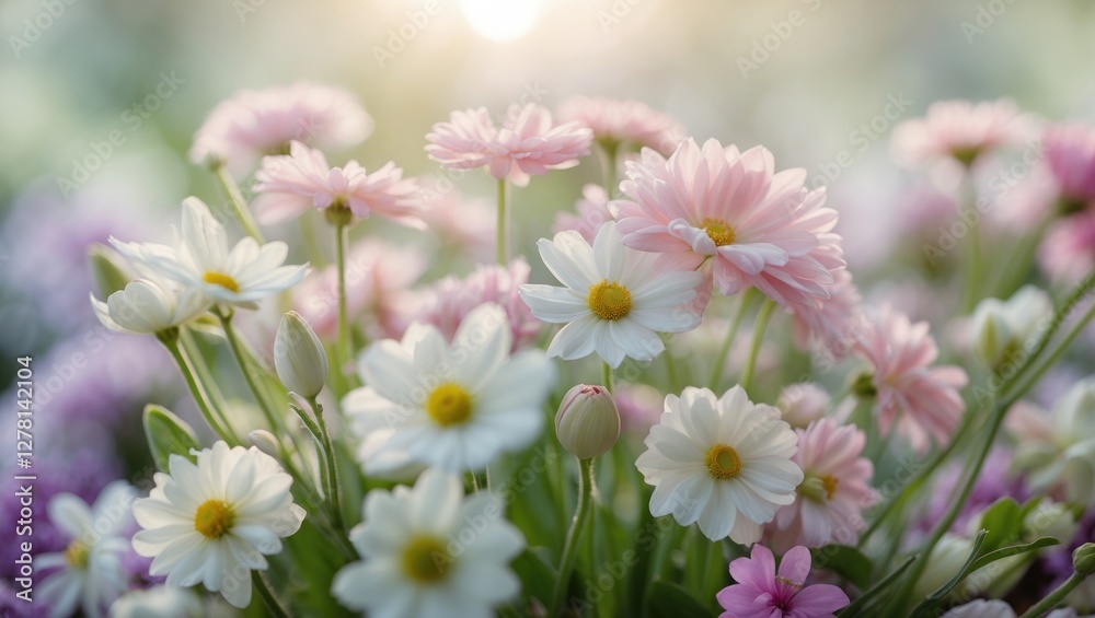 Fototapeta premium Colorful blooming flowers with white and pink petals in a lush green garden setting during daylight.