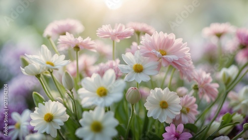 Colorful blooming flowers with white and pink petals in a lush green garden setting during daylight. photo