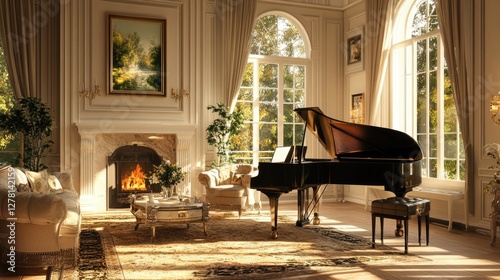 Sunlit Grand Piano in Luxurious Living Room