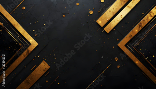 Modern black and gold abstract background featuring geometric patterns with metallic gold highlights on a dark textured