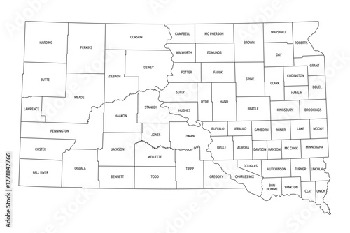 State of South Dakota subdivided into 66 counties, outline map. State in the North Central region of the United States, nicknamed The Mount Rushmore State. Map with boundaries and county names. Vector