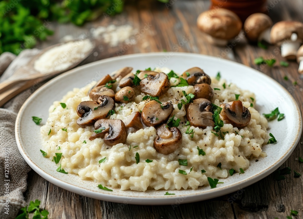 Delicious creamy risotto with fresh mushrooms, garnished with parsley and parmesan, served on a rustic wooden table. Delicious creamy risotto with fresh mushrooms, garnished with parsley and parmesan, served on a rustic wooden table.