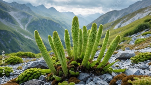 Wallpaper Mural Green succulent plant growing among rocks with mountainous landscape in the background under cloudy sky Torontodigital.ca