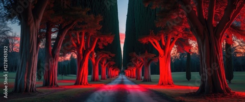 Vibrant red illuminated pathway lined with tall trees at dusk in a scenic park setting photo