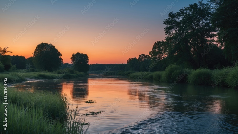 Obraz premium Tranquil river landscape at sunset with vibrant sky reflecting on calm water and lush greenery along the banks