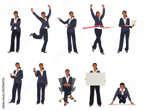 Business woman in different poses, front, side view. Attractive girl wearing black formal suit using tablet, phone, laptop, standing, sitting, jumping, starting. Vector realistic illustration isolated