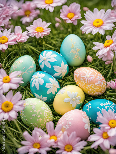 Beautifully decorated Easter eggs with pastel floral patterns rest on lush green grass, surrounded by vibrant yellow and white flowers, creating a cheerful and festive spring scene.