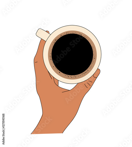 Hand holding cup with coffee, espresso, americano top view Hand drawn colored line art vector illustration isolated 