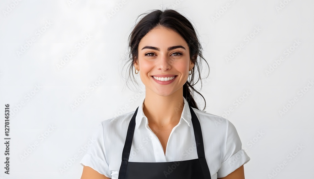Attractive woman wearing a black apron smiles against white backdrop Attractive woman wearing a black apron smiles against white backdrop