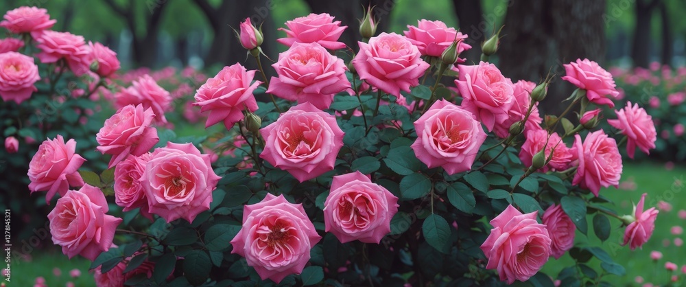 Pink roses in full bloom surrounded by greenery in a vibrant garden setting on a sunny day. Pink roses in full bloom surrounded by greenery in a vibrant garden setting on a sunny day.