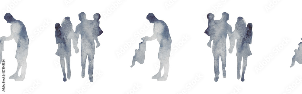 Obraz premium Watercolor border with silhouettes of people. Brush strokes in the form of blue silhouettes of people,Silhouette of family on white background. 
