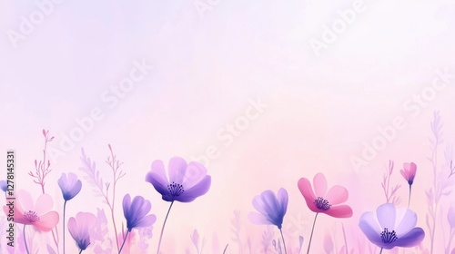 A serene landscape featuring delicate pink and purple flowers against a soft, pastel background, evoking a sense of tranquility and beauty.