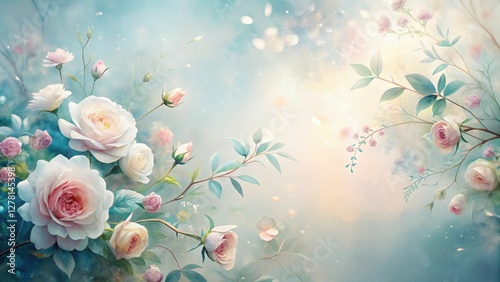 Pastel Roses in a Dreamlike Garden Setting A Delicate Floral Arrangement of Soft Pink and White Blooms, Lush Green Foliage, and a Serene, Misty Background