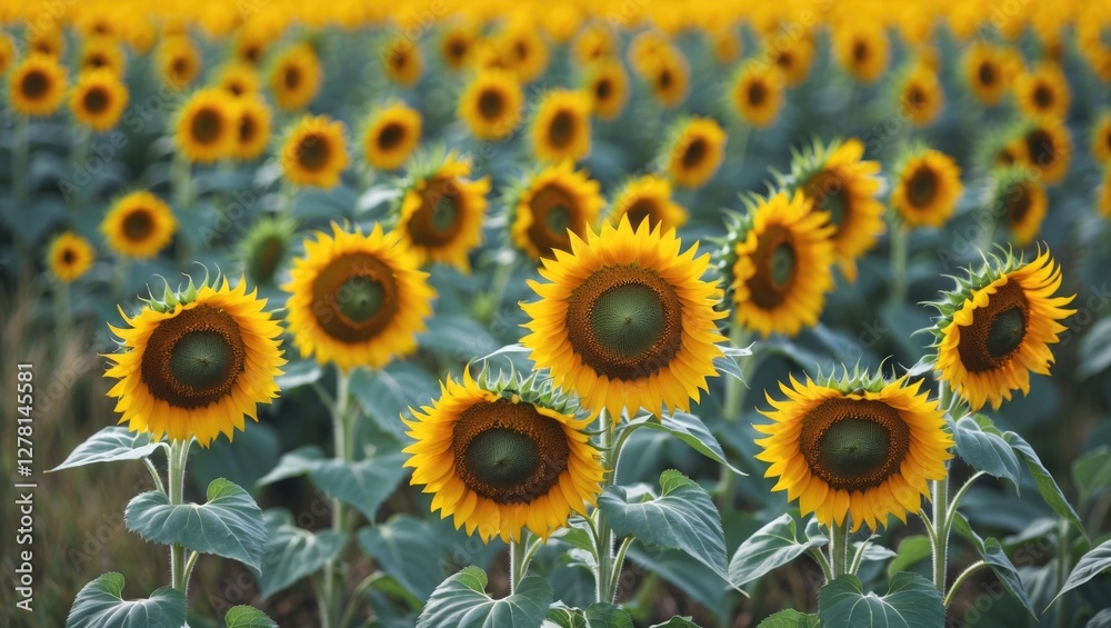 Field of sunflowers in full bloom with vibrant yellow petals and green leaves against a natural background Field of sunflowers in full bloom with vibrant yellow petals and green leaves against a natural background
