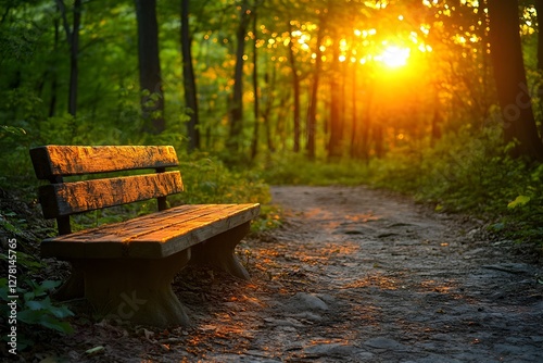 Sunset forest bench path tranquility nature walk