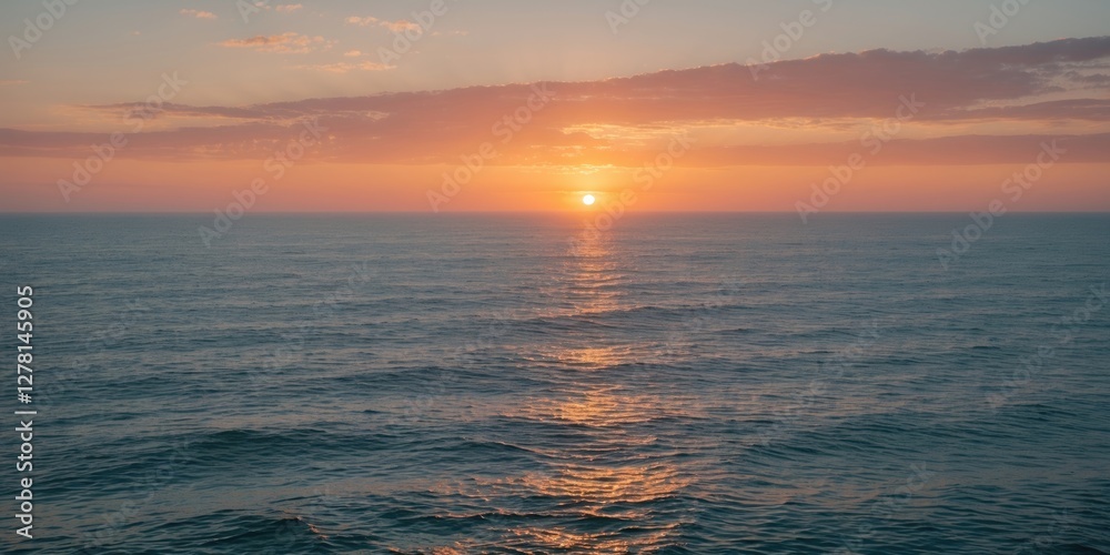 Fototapeta premium Sunset over calm ocean waters with reflections and soft cloud coverage in the sky creating a tranquil atmosphere.