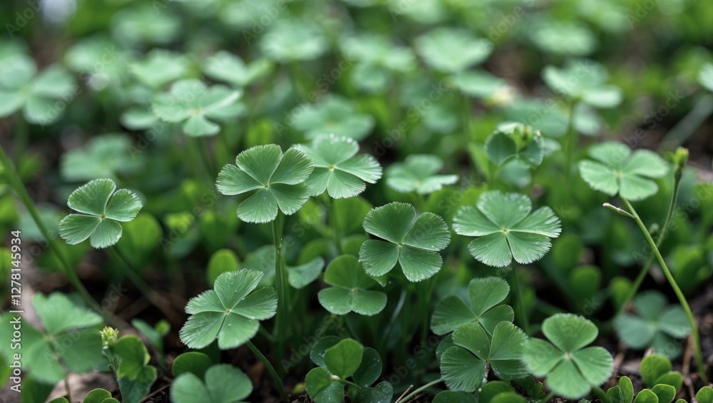 Close-up view of lush green clover plants with three-leafed foliage on the ground in natural sunlight. Close-up view of lush green clover plants with three-leafed foliage on the ground in natural sunlight.