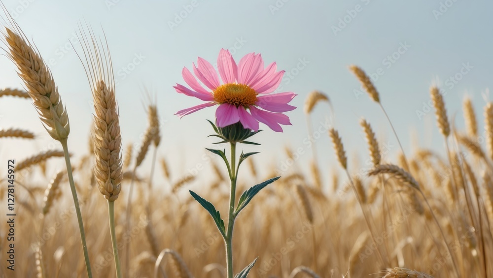 Obraz premium Pink flower blooming in golden wheat field under clear sky during sunset nature landscape photography