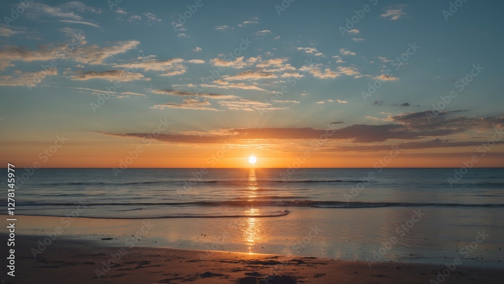 sunset over tranquil beach with waves and colorful sky reflections at dusk horizon sunset over tranquil beach with waves and colorful sky reflections at dusk horizon