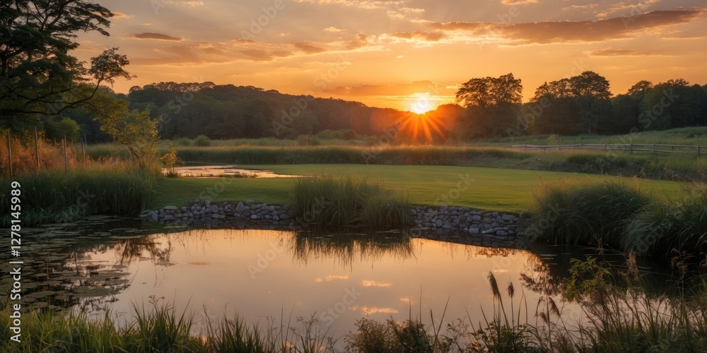 Obraz premium Sunset over a tranquil golf course pond reflecting vibrant colors with lush greenery and distant hills in the background
