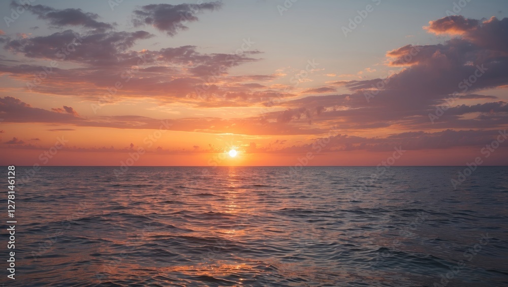 Obraz premium Sunset over calm ocean water with colorful sky and clouds reflecting light in the evening.