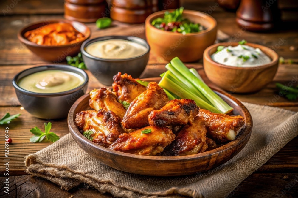 Savory Roasted Chicken Wings with Assorted Dipping Sauces and Fresh Celery Sticks on Rustic Wooden Table Savory Roasted Chicken Wings with Assorted Dipping Sauces and Fresh Celery Sticks on Rustic Wooden Table