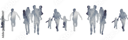 Watercolor border with silhouettes of people. Brush strokes in the form of blue silhouettes of people,Silhouette of family on white background.	