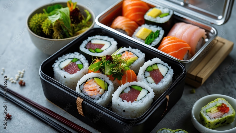 Sushi platter with assorted rolls including tuna, salmon, and avocado served in a black bento box with chopsticks and green garnish Sushi platter with assorted rolls including tuna, salmon, and avocado served in a black bento box with chopsticks and green garnish