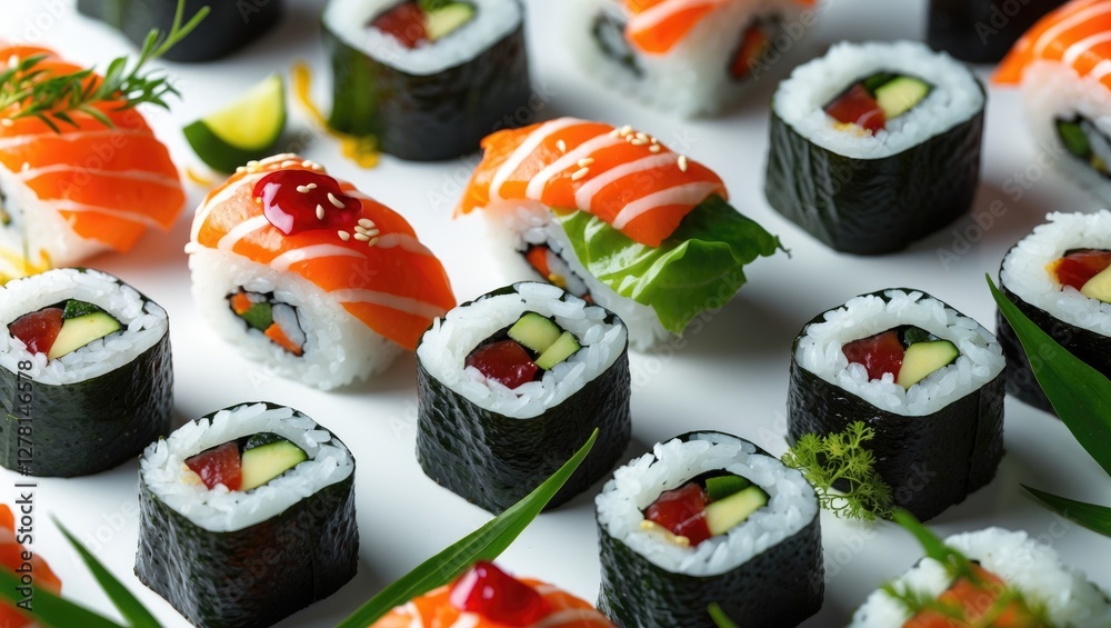 Assorted sushi rolls with vibrant toppings and fresh ingredients arranged artistically on a white background Assorted sushi rolls with vibrant toppings and fresh ingredients arranged artistically on a white background