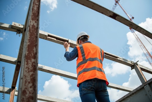 Wallpaper Mural Analytical View of a Young Male Construction Worker in Safety Gear Overseeing Structural Framework at a Building Site Under a Clear Blue Sky Torontodigital.ca