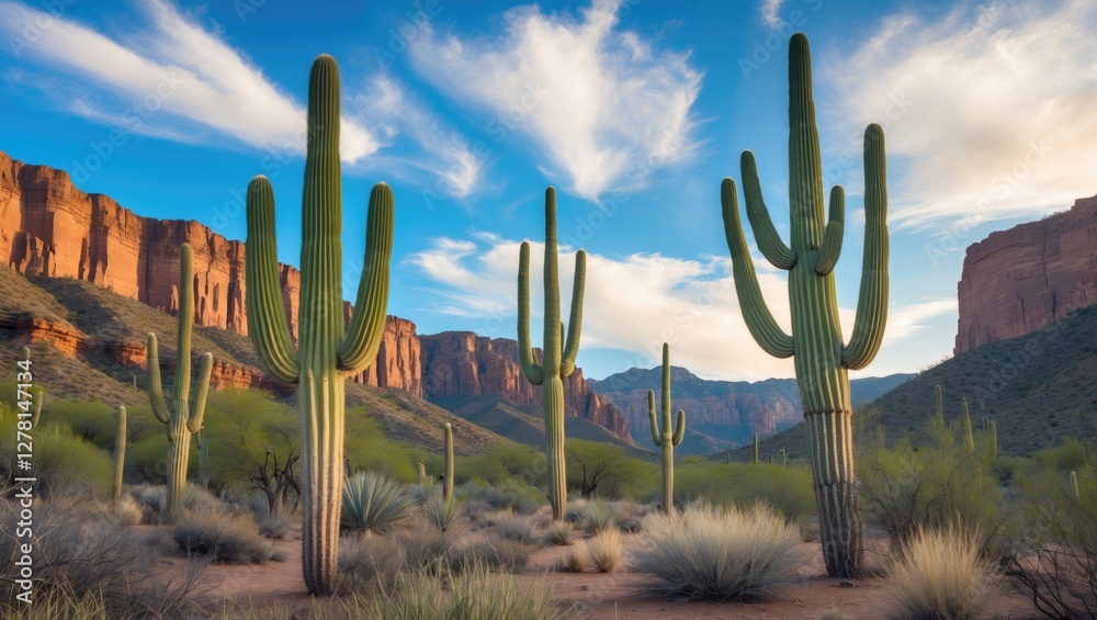 Desert landscape with towering saguaro cacti against rocky mountains and blue sky with wispy clouds in Arizona.