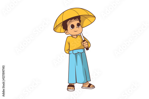 Muslim Boy Character With Umbrella