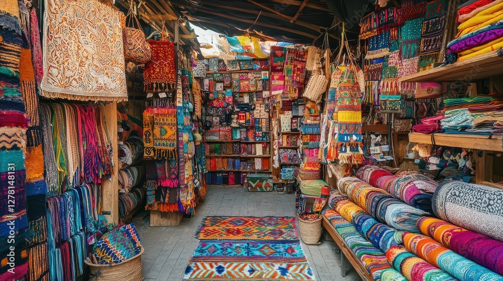 Fototapeta premium Colorful Textile Market Filled with Handmade Crafts and Decorations