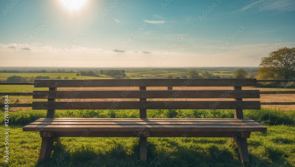 Wooden bench on green grass overlooking expansive landscape under clear blue sky and bright sunlight with distant hills and trees. Wooden bench on green grass overlooking expansive landscape under clear blue sky and bright sunlight with distant hills and trees.
