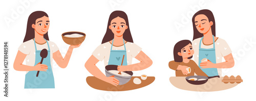 Mother and daughter cooking together in the kitchen. Home cooking. Daughter baking with her mother. Woman and a child preparing a meal. Flat vector illustration.