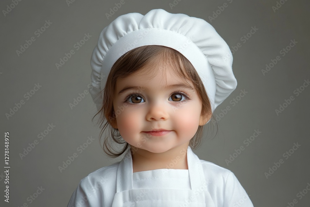 Young child in chef uniform with white hat poses for the camera with a warm smile in a neutral background Young child in chef uniform with white hat poses for the camera with a warm smile in a neutral background